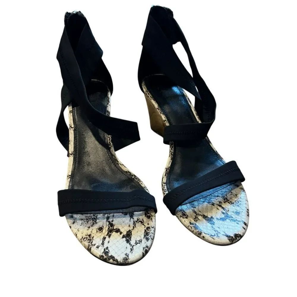 Donald J. Pliner Black and Snake Print Criss Cross Front Wedges